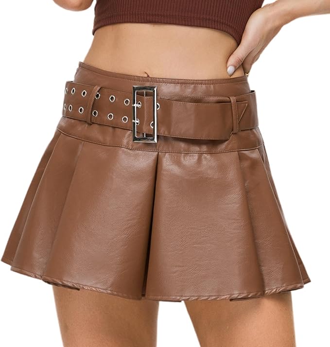 Y2K Mini Skirt Buckle Belted High Waisted Pleated Flare PU Faux Leather Short Goth Skirts for Women