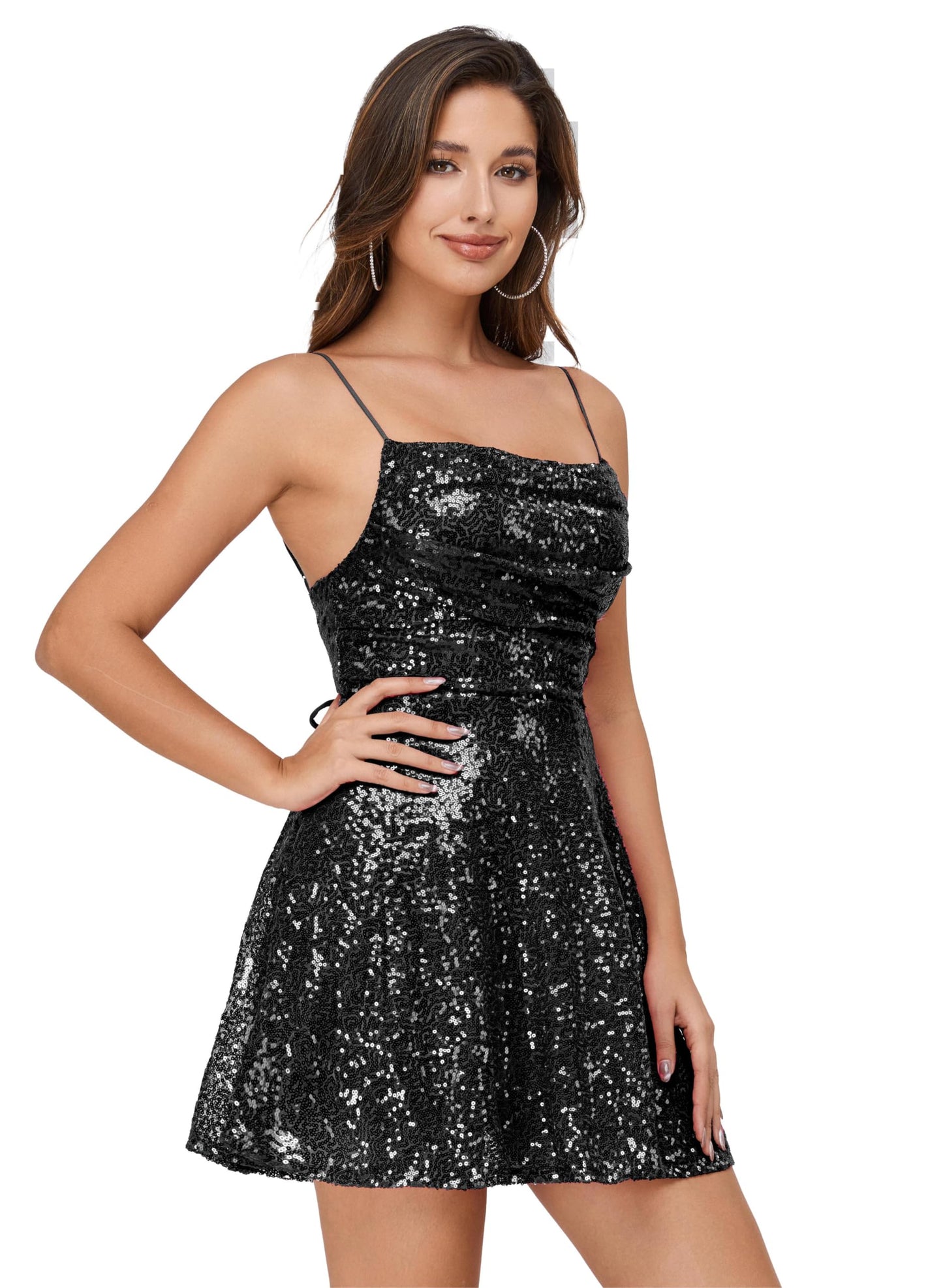 Women's Sexy Sequin Sparkly Glitter Dress Party Cocktail Suspender Metallic A-line Mini Dress Night Out Clubwear