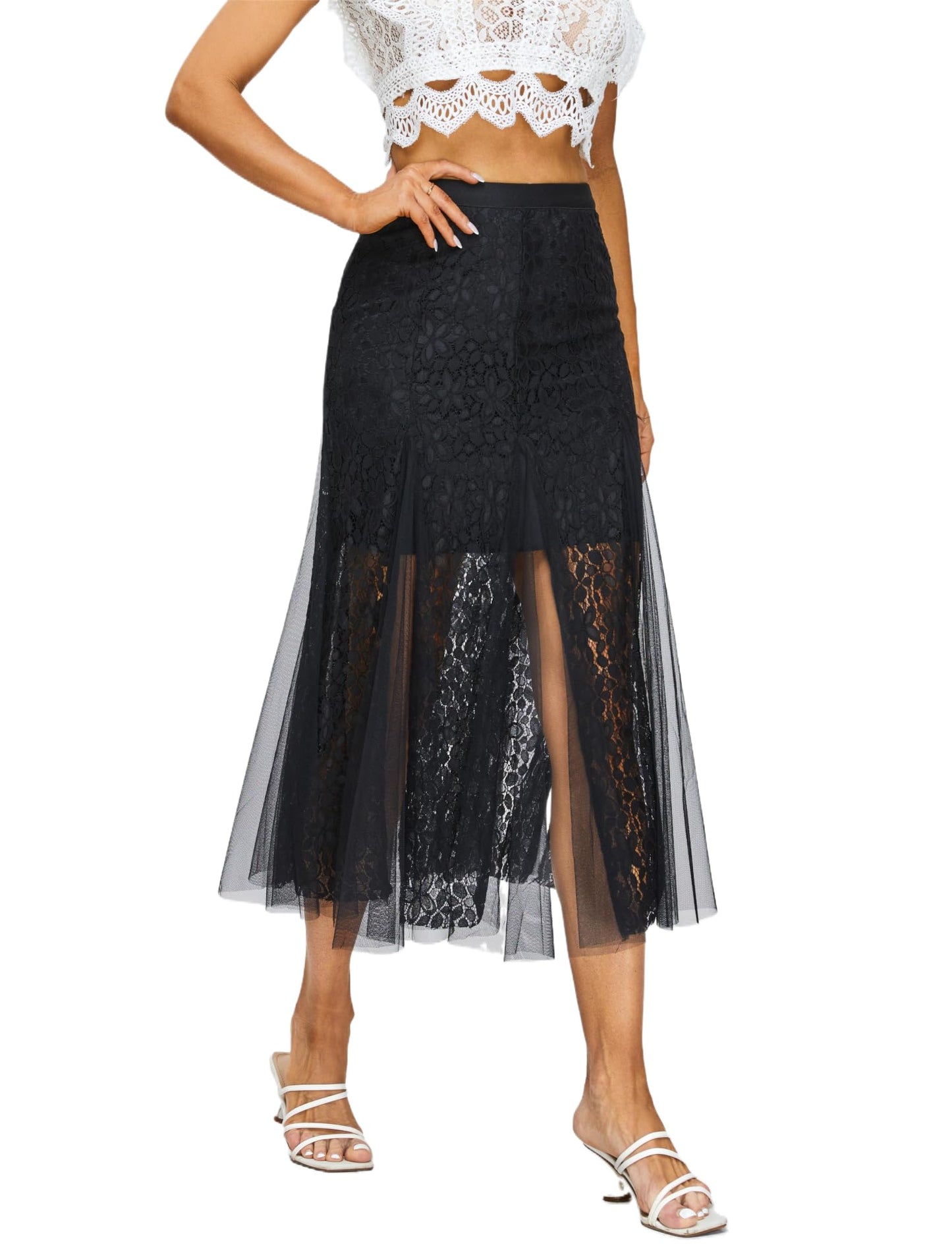 Women's High Waisted Floral Lace Sheer Mesh Mermaid Maxi Pleated Skirt