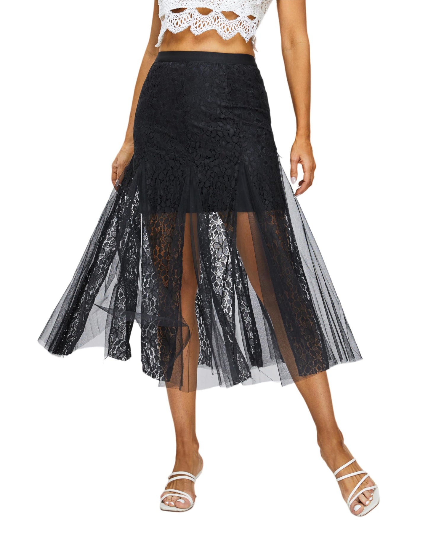 Women's High Waisted Floral Lace Sheer Mesh Mermaid Maxi Pleated Skirt