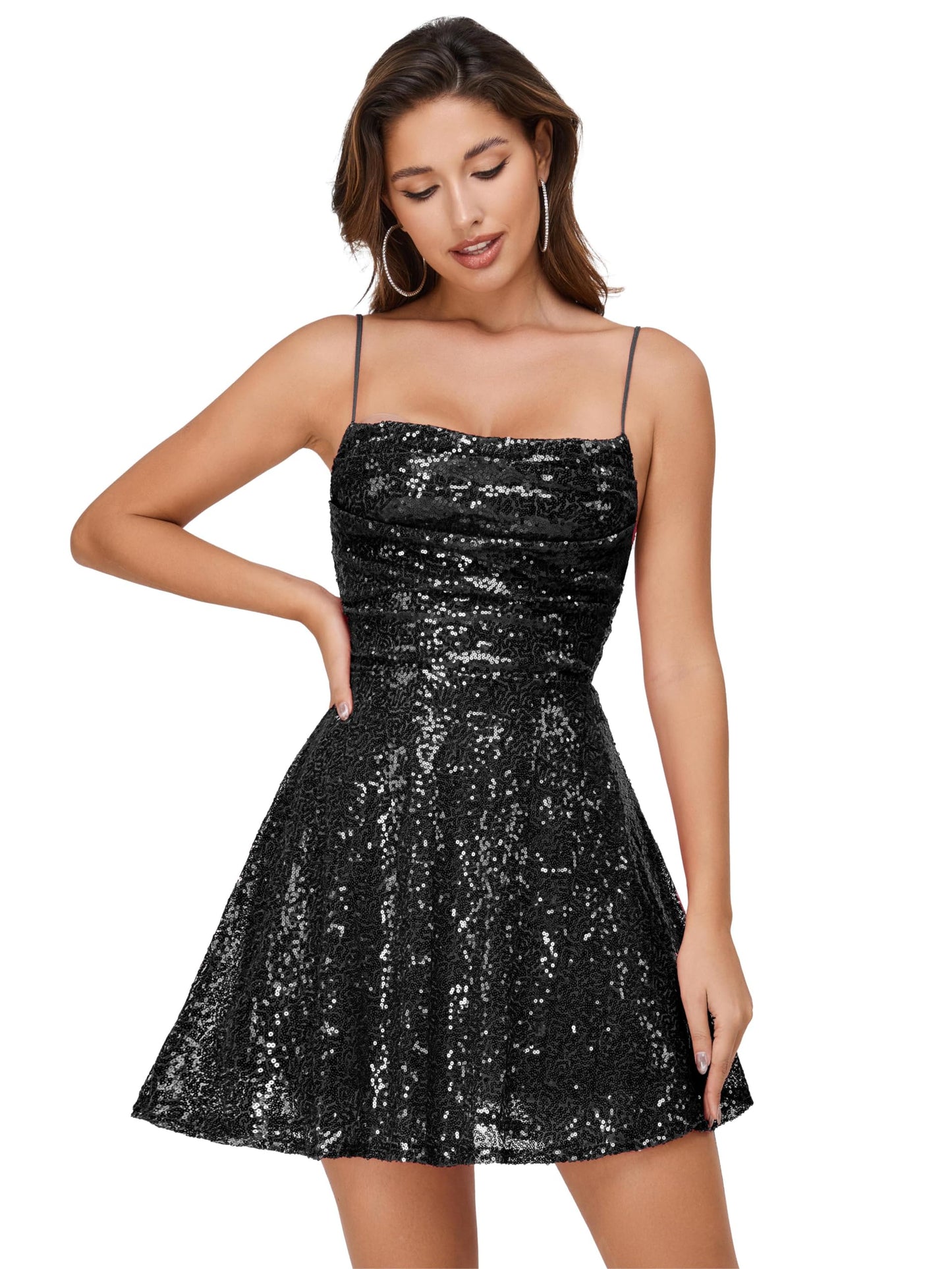 Women's Sexy Sequin Sparkly Glitter Dress Party Cocktail Suspender Metallic A-line Mini Dress Night Out Clubwear