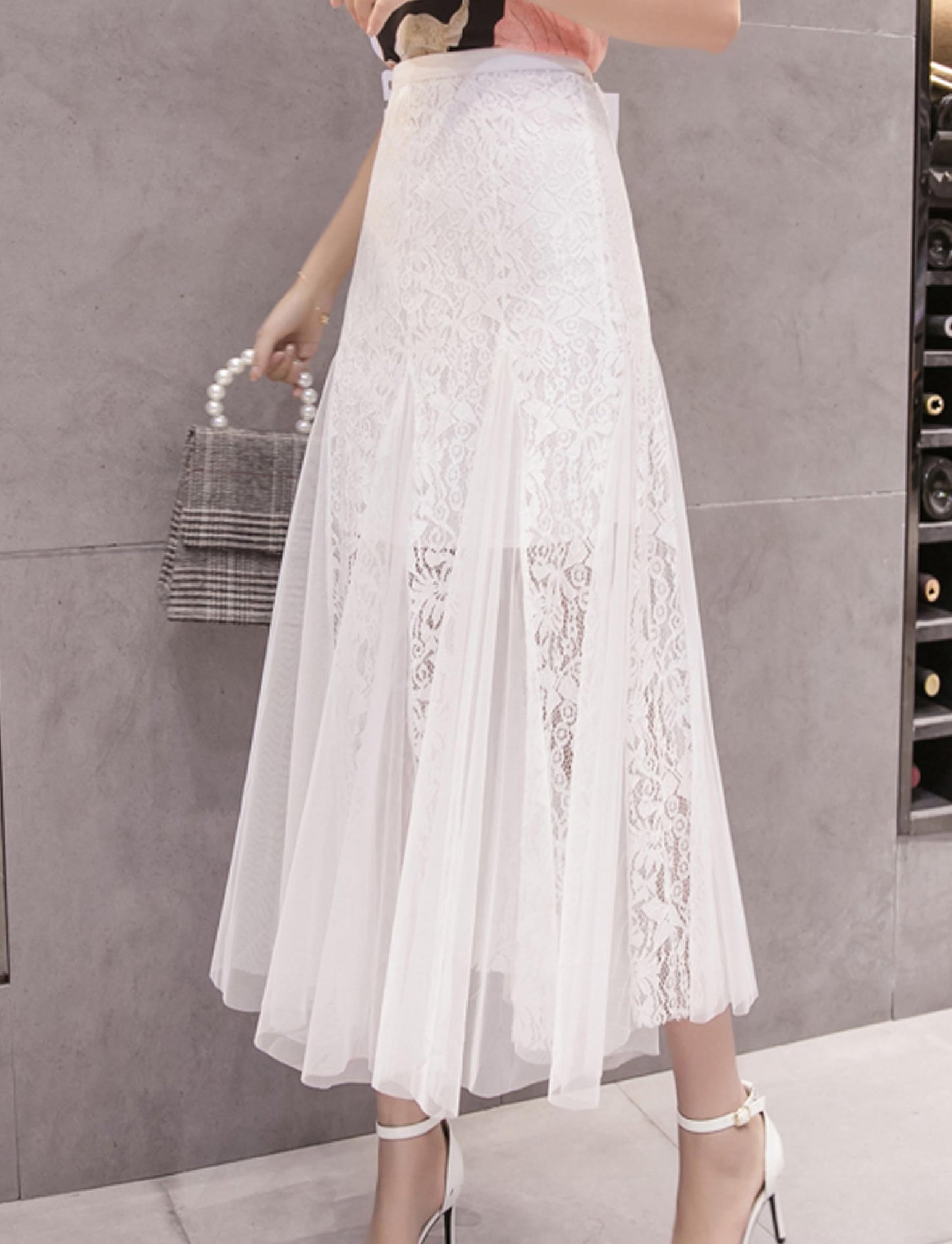 Women's High Waisted Floral Lace Sheer Mesh Mermaid Maxi Pleated Skirt