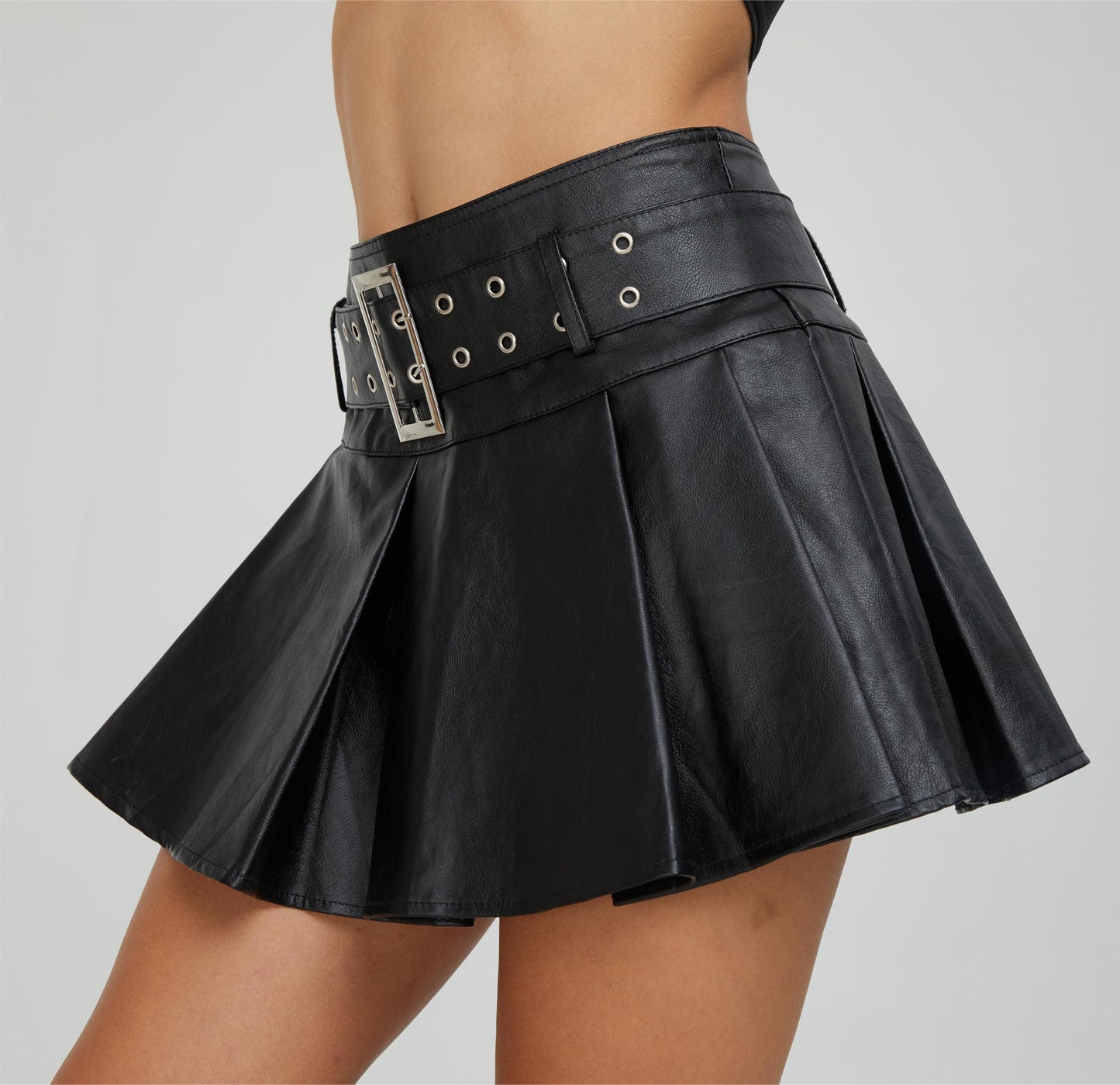 Y2K Mini Skirt Buckle Belted High Waisted Pleated Flare PU Faux Leather Short Goth Skirts for Women