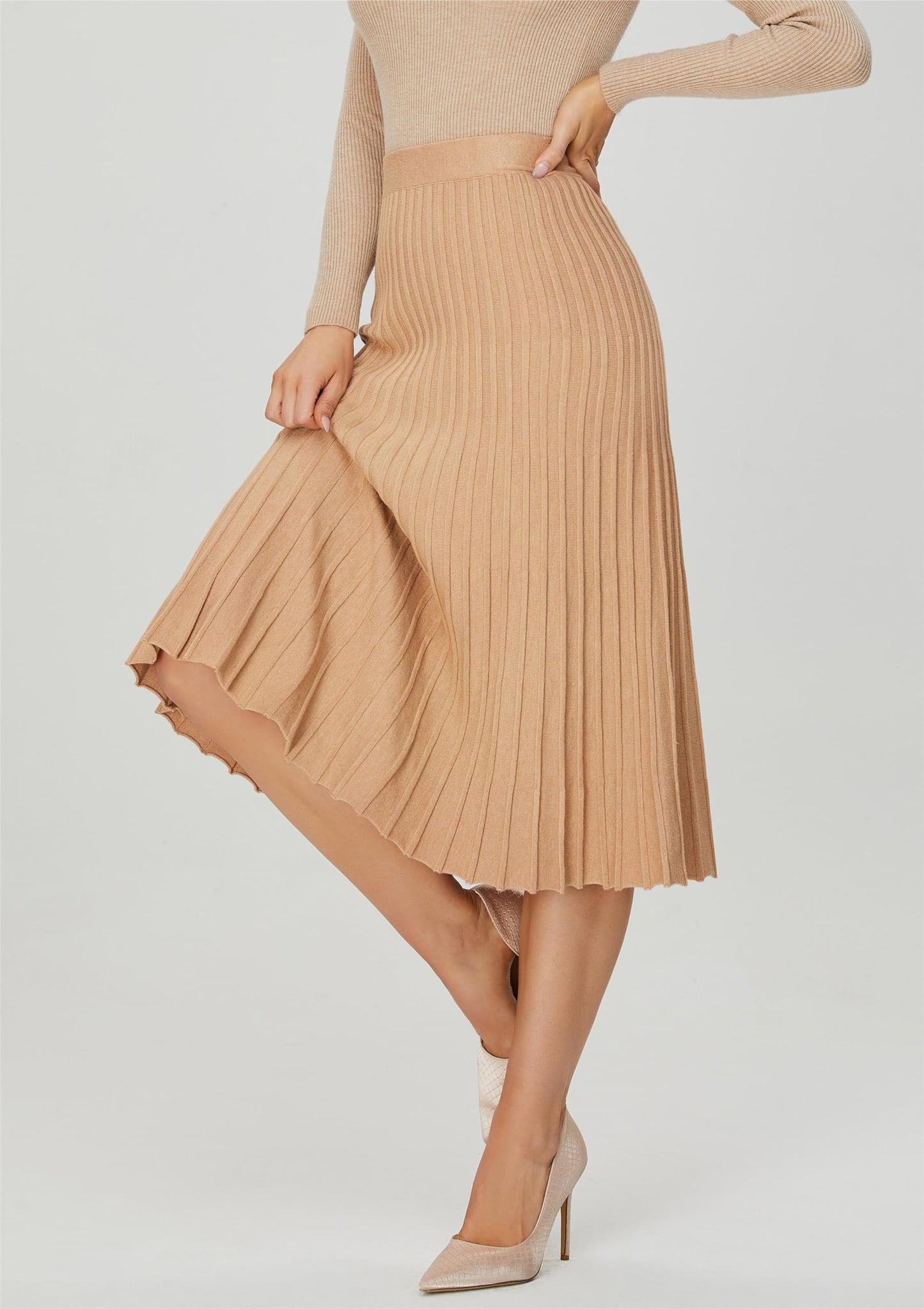 Women's Knit Maxi Pleated Skirts, High Waist Elastic A Line Long Skirt for Fall Winter