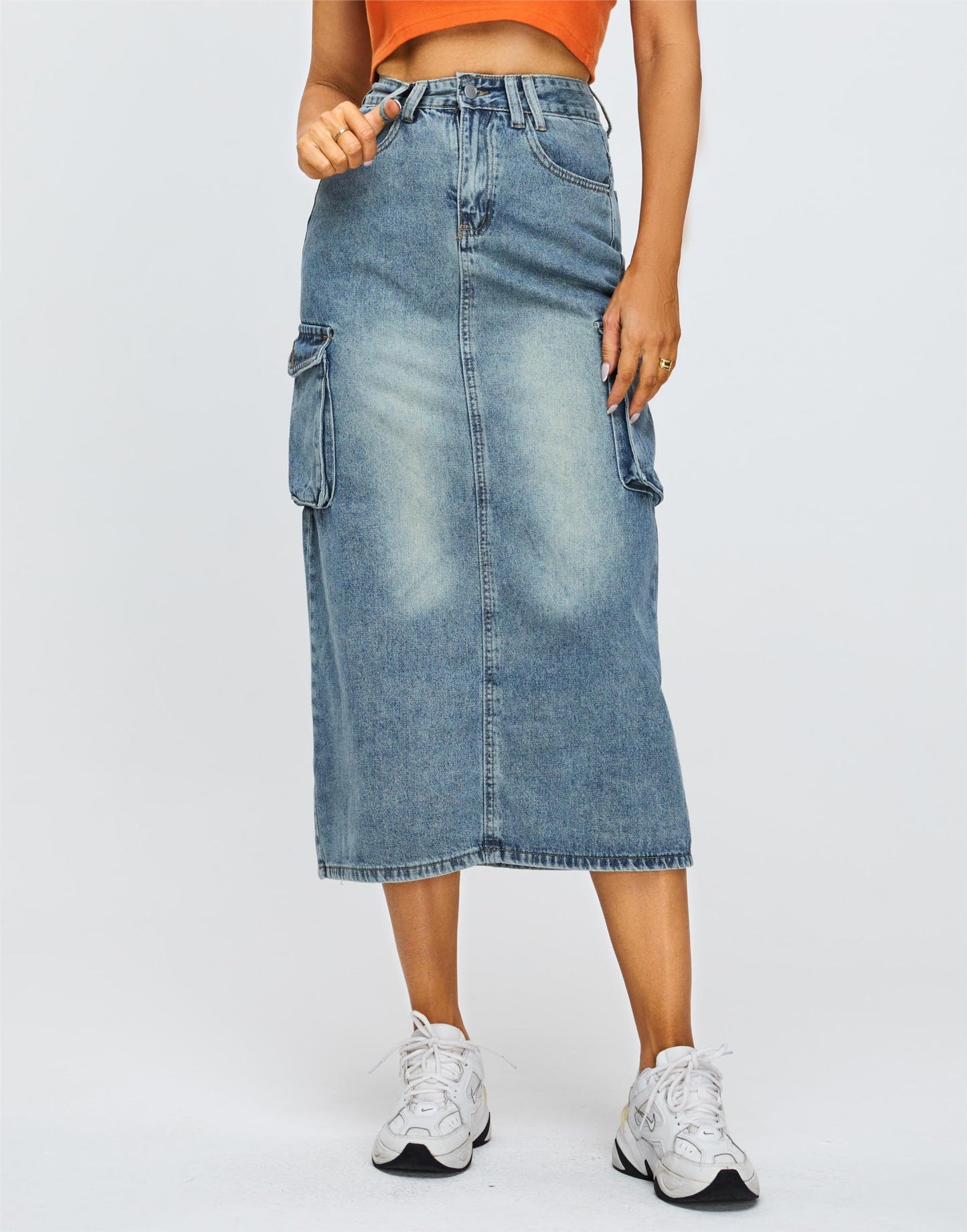 Denim Maxi Split Skirt - Utility Style with Back Slit, Workwear Midi Skirt