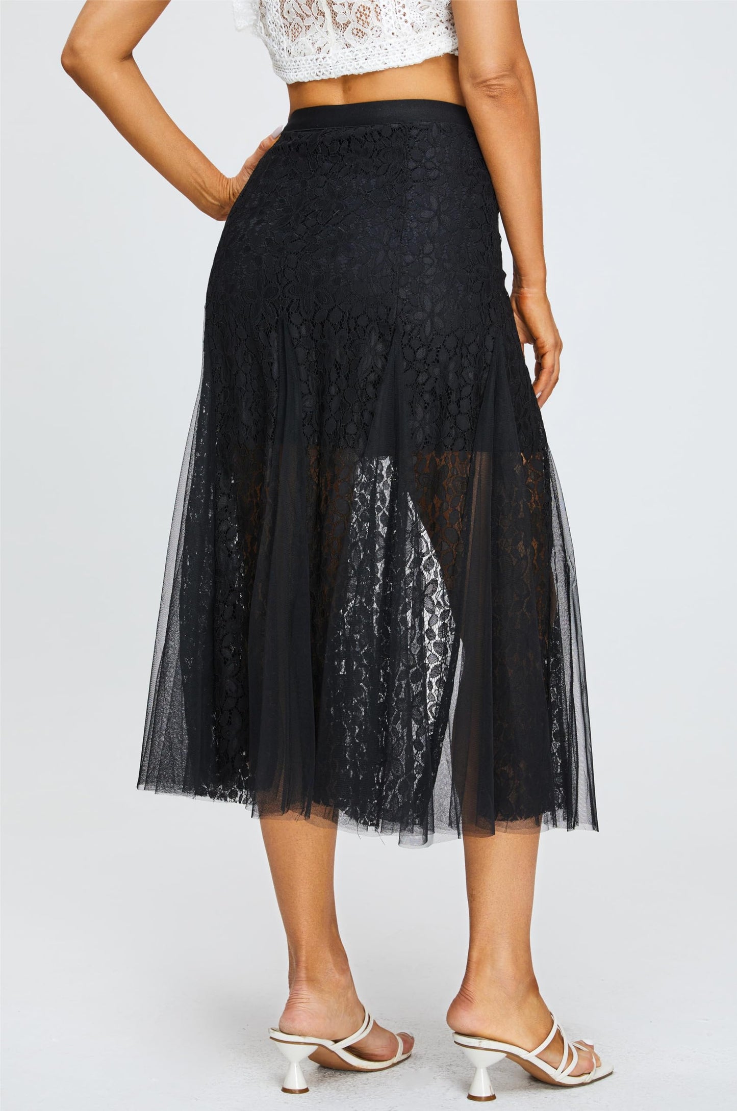 Women's High Waisted Floral Lace Sheer Mesh Mermaid Maxi Pleated Skirt