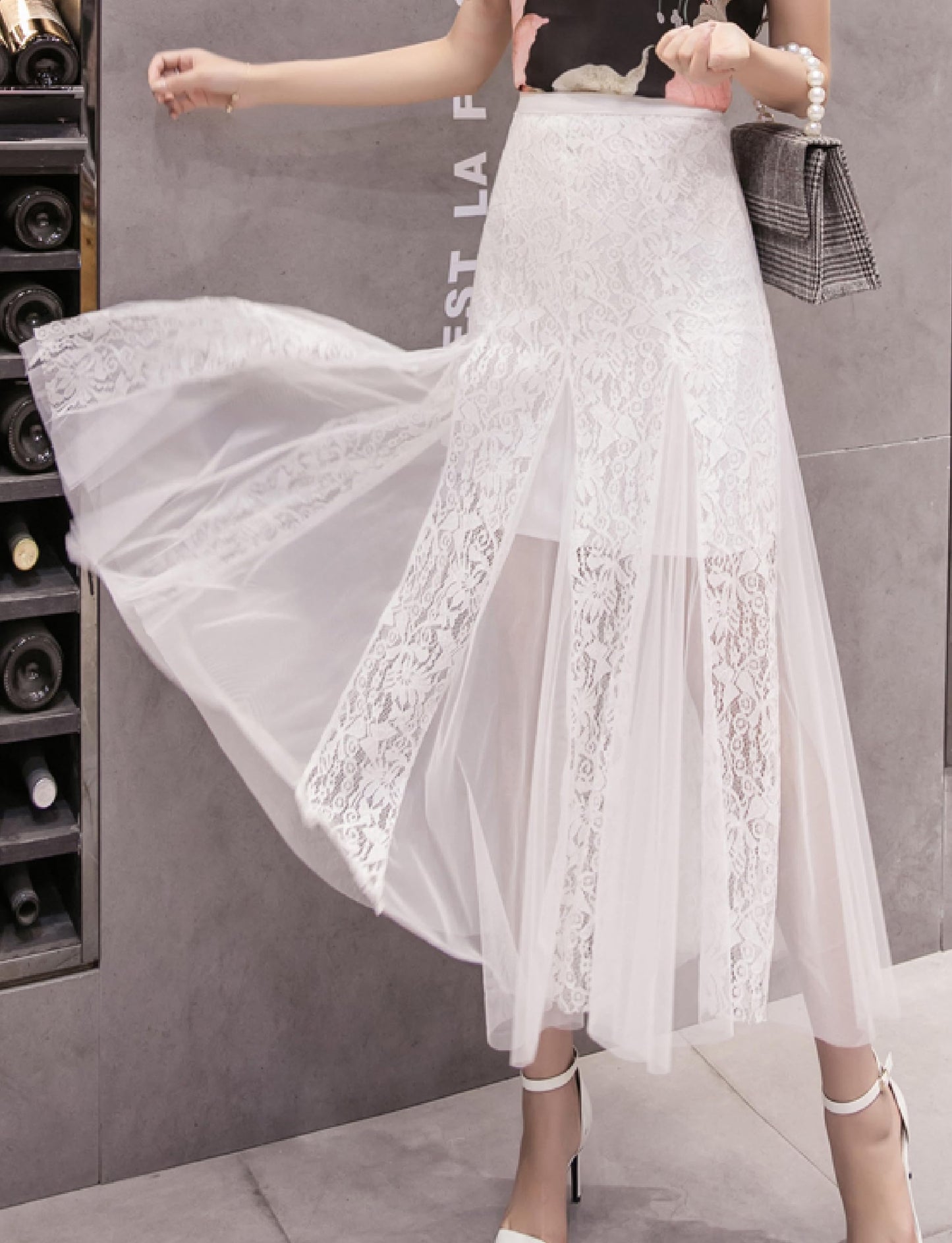 Women's High Waisted Floral Lace Sheer Mesh Mermaid Maxi Pleated Skirt