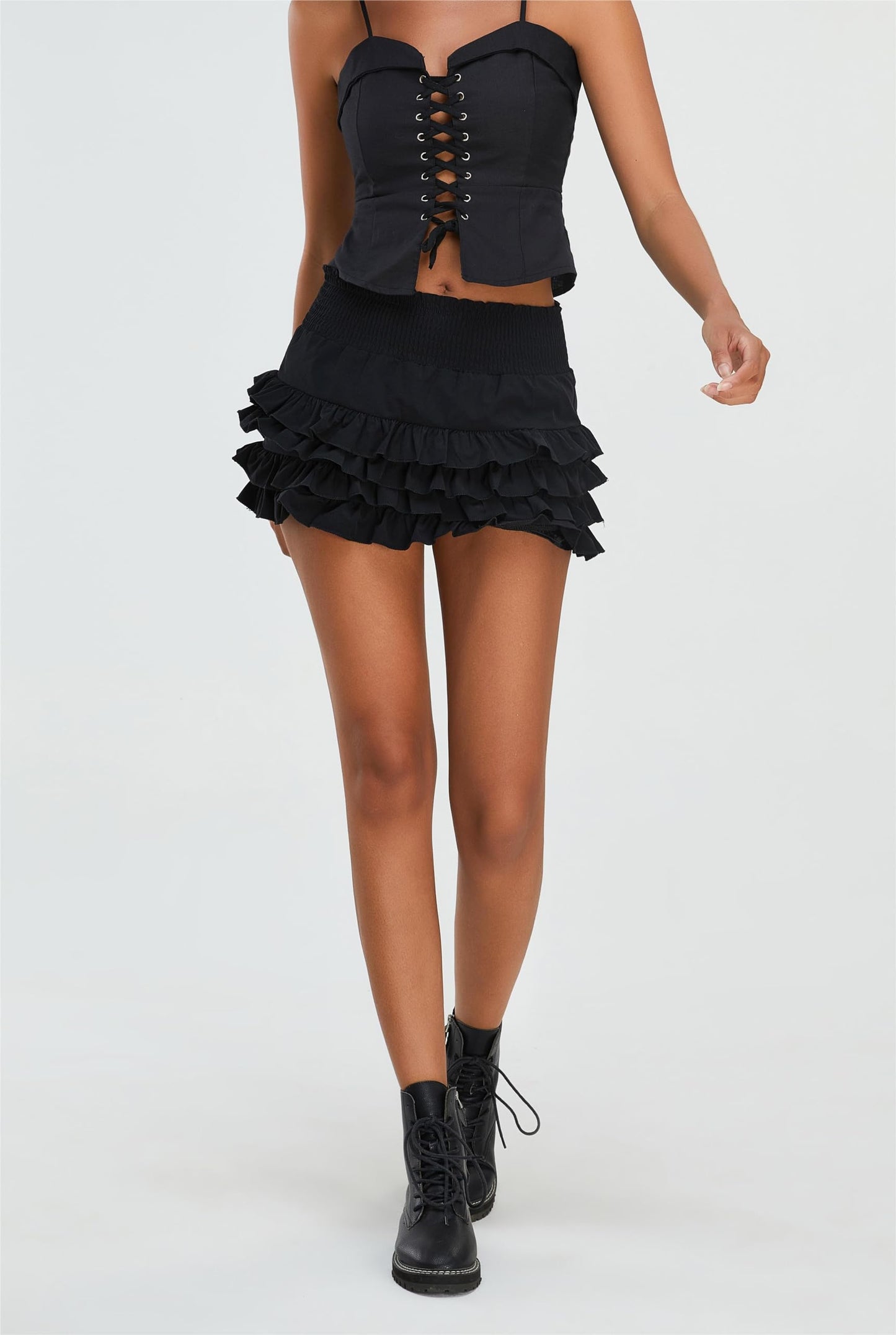 Women's Y2K Goth Skirt Low Waist Layered Ruffle Hem Short Mini Skirt Summer Cute Swing Skirt Lining Shorts