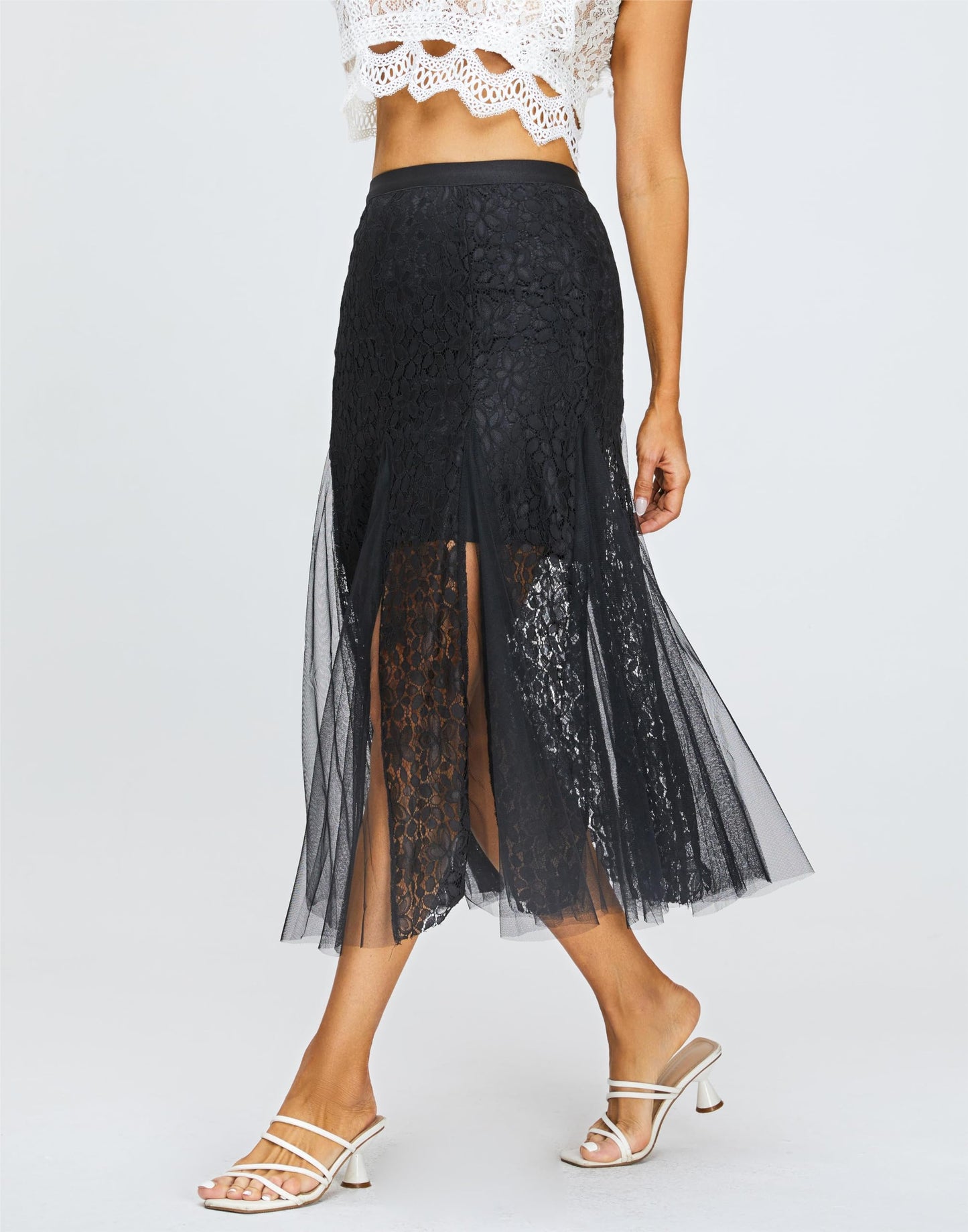 Women's High Waisted Floral Lace Sheer Mesh Mermaid Maxi Pleated Skirt