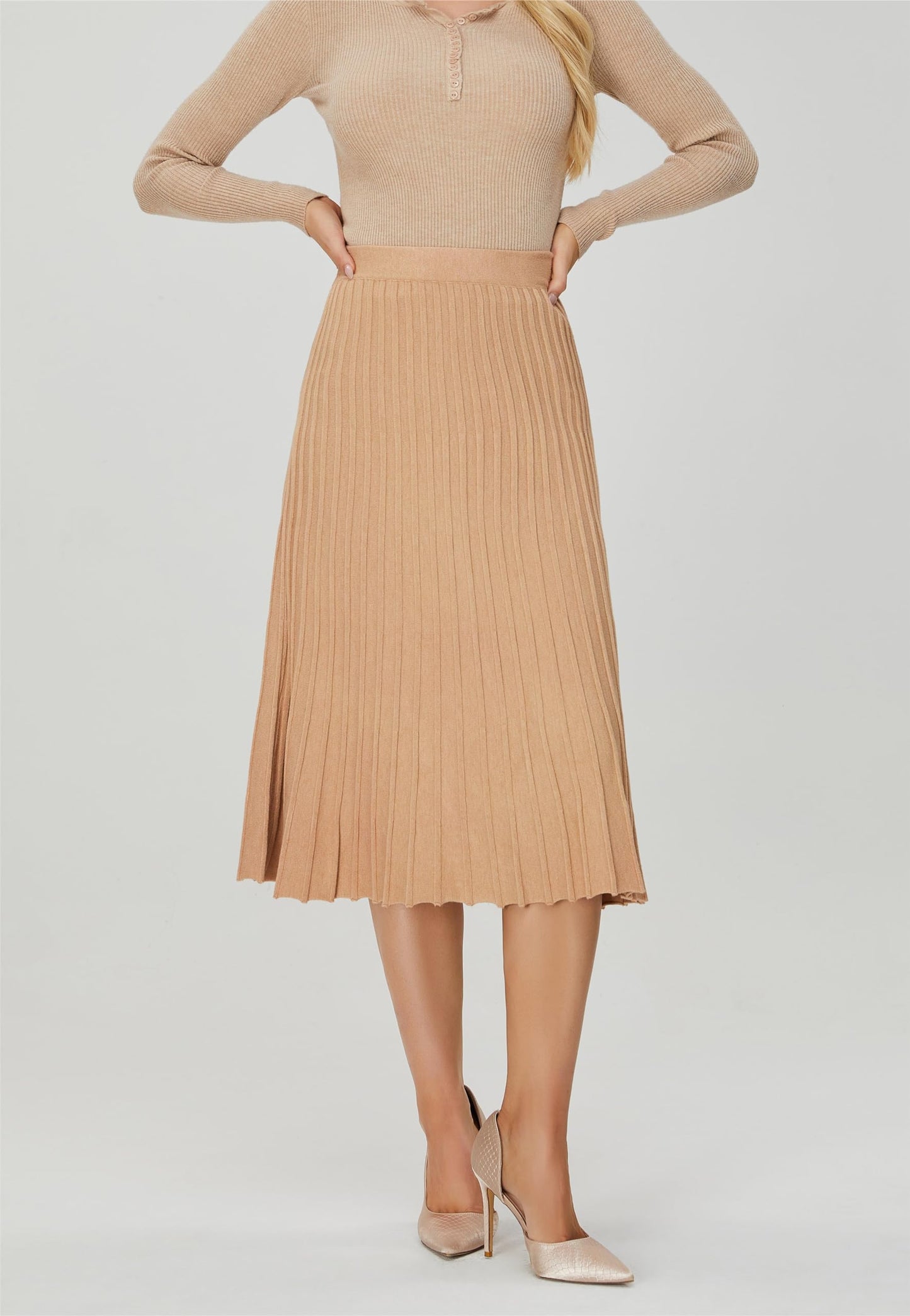 Women's Knit Maxi Pleated Skirts, High Waist Elastic A Line Long Skirt for Fall Winter