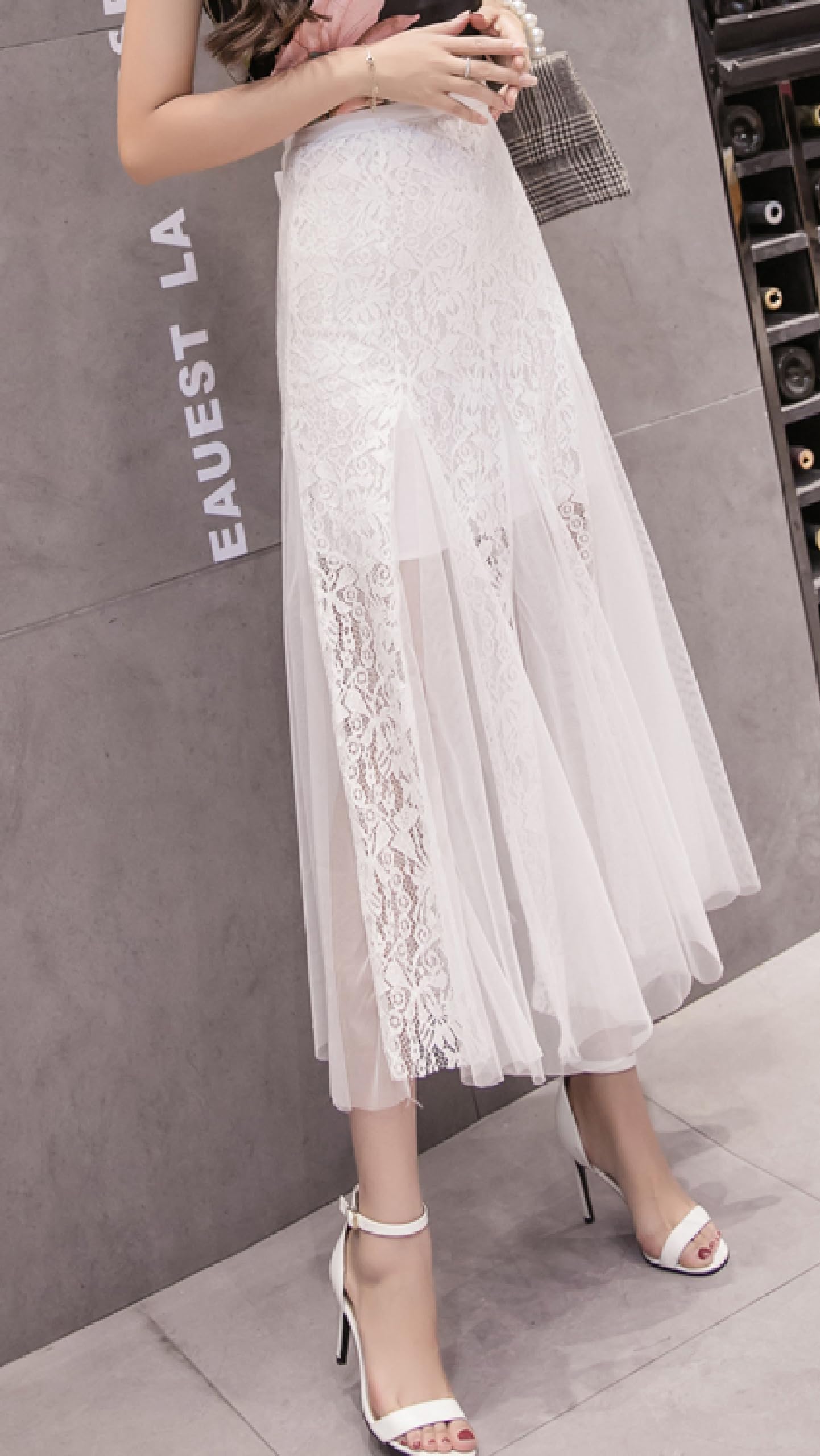 Women's High Waisted Floral Lace Sheer Mesh Mermaid Maxi Pleated Skirt