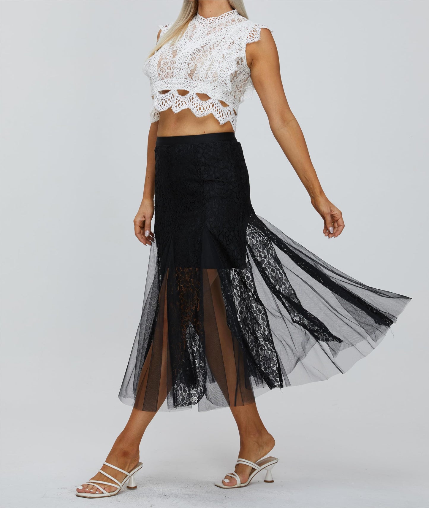 Women's High Waisted Floral Lace Sheer Mesh Mermaid Maxi Pleated Skirt