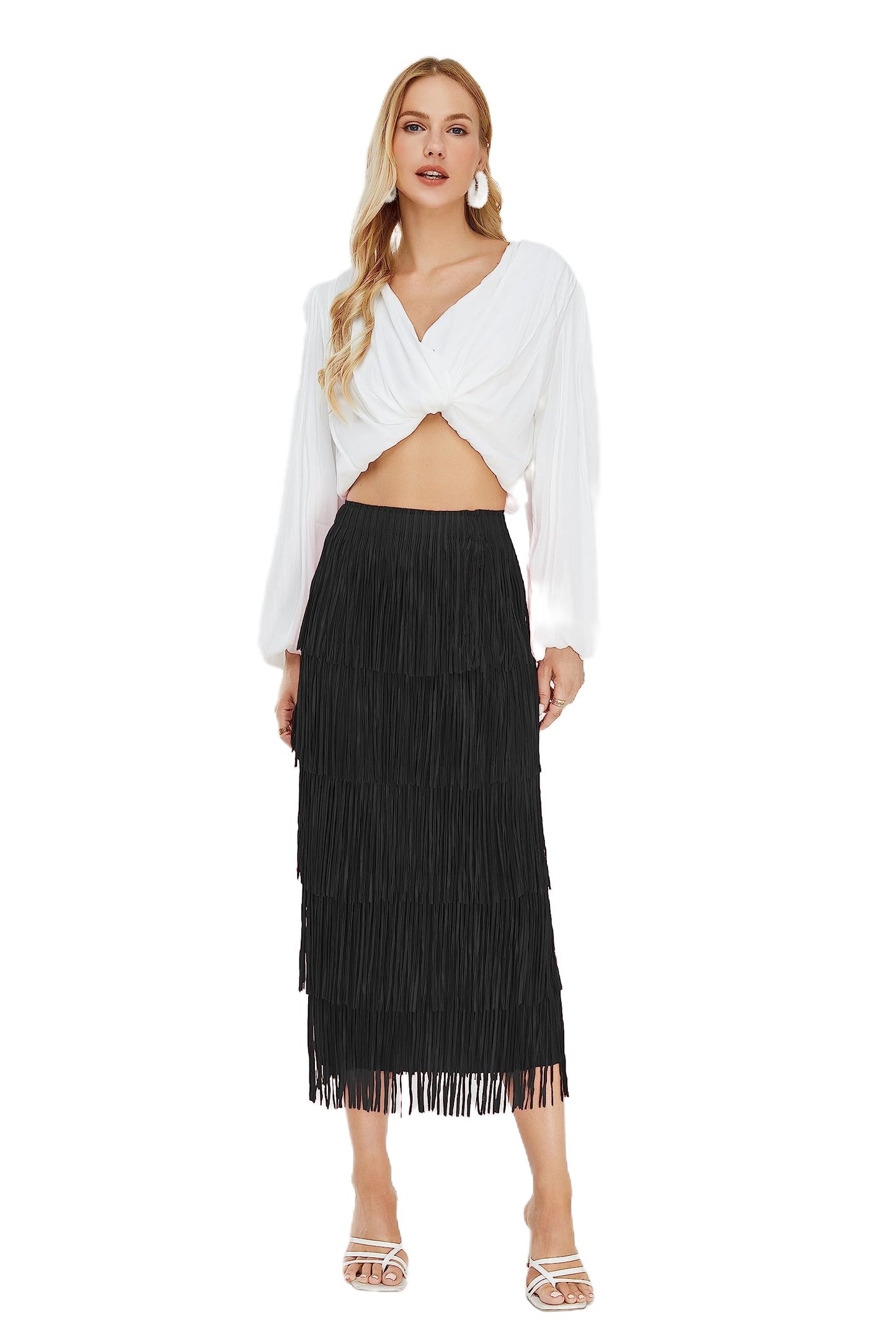 Women's Fringe Trim High Waist Short Pencil Bodycon Skirts, Sexy Elegant Fringe Long Maxi Skirt Summer Party Work