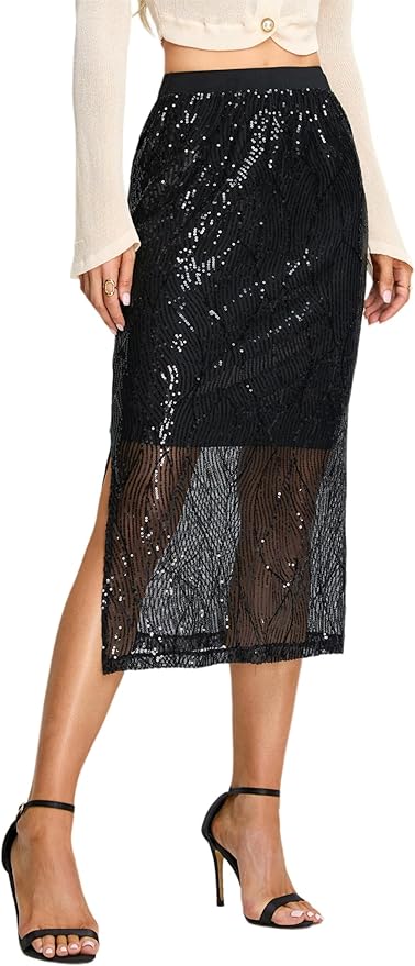 Women's Sequin Skirt - Sparkle Side Slit Pencil Bodycon Midi Pencil Skirts for Party Cocktail Club