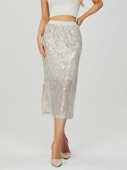 Women's Sequin Skirt - Sparkle Side Slit Pencil Bodycon Midi Pencil Skirts for Party Cocktail Club