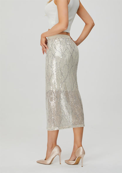 Women's Sequin Skirt - Sparkle Side Slit Pencil Bodycon Midi Pencil Skirts for Party Cocktail Club