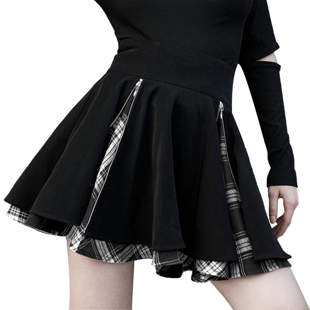 Kisidoo Women&#39;s Gothic Skirts Cute High Waisted Plaid Kilts for Women Trendy Elastic Waist Hem Flared Knee Length Mini Skirt