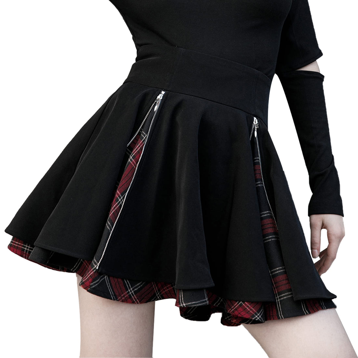 Kisidoo Women&#39;s Gothic Skirts Cute High Waisted Plaid Kilts for Women Trendy Elastic Waist Hem Flared Knee Length Mini Skirt