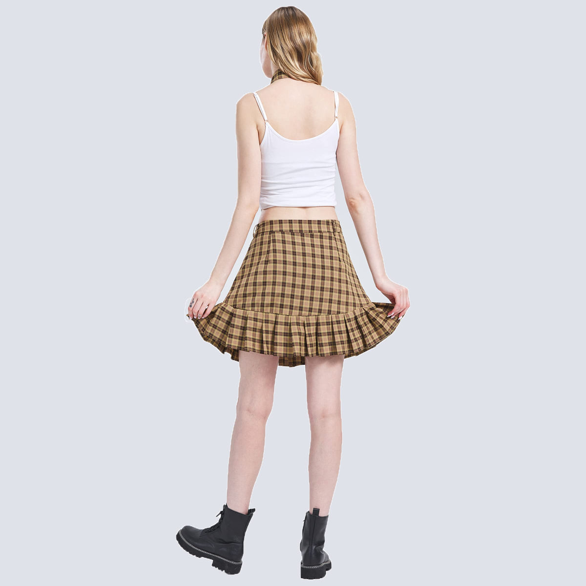 Kisidoo Summer Women&#39;s Skirt Casual Pleated Skirts Yellow Plaid High Waisted Skirts Girl&#39;s Basic Skirt with Elasticity Short